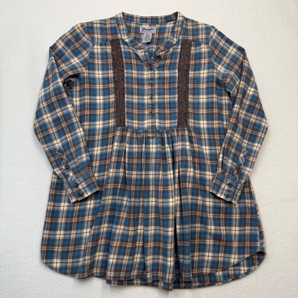 Wrangler Rancher Plaid Flannel Shirt Lace Detail Western Cowgirl Cottage Women M